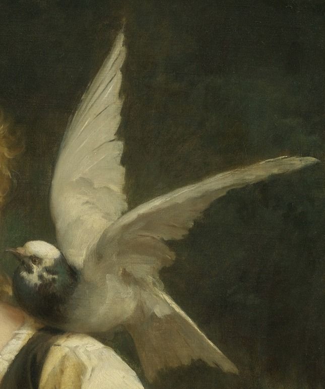 a painting of a woman holding a bird