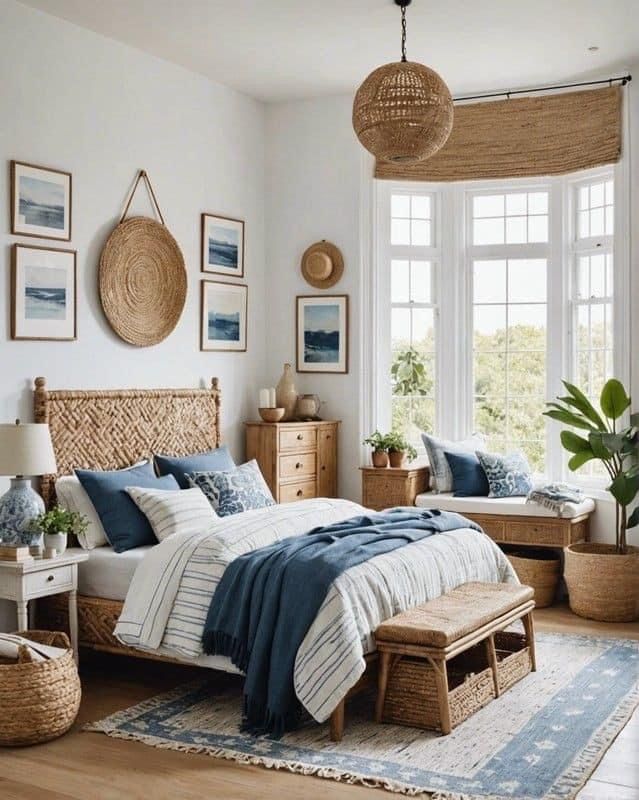 a bed room with a neatly made bed and baskets on the wall next to it