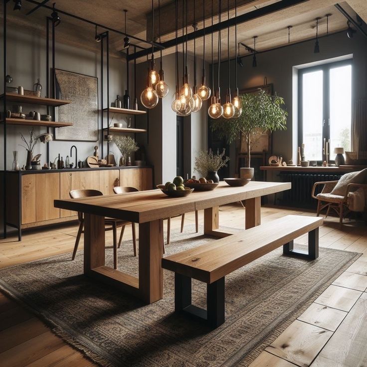 a dining room table with benches and hanging lights