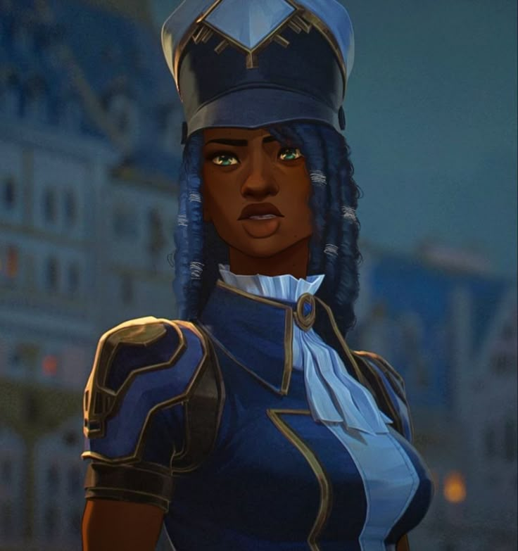 an animated woman with blue hair wearing a hat and uniform, standing in front of a cityscape