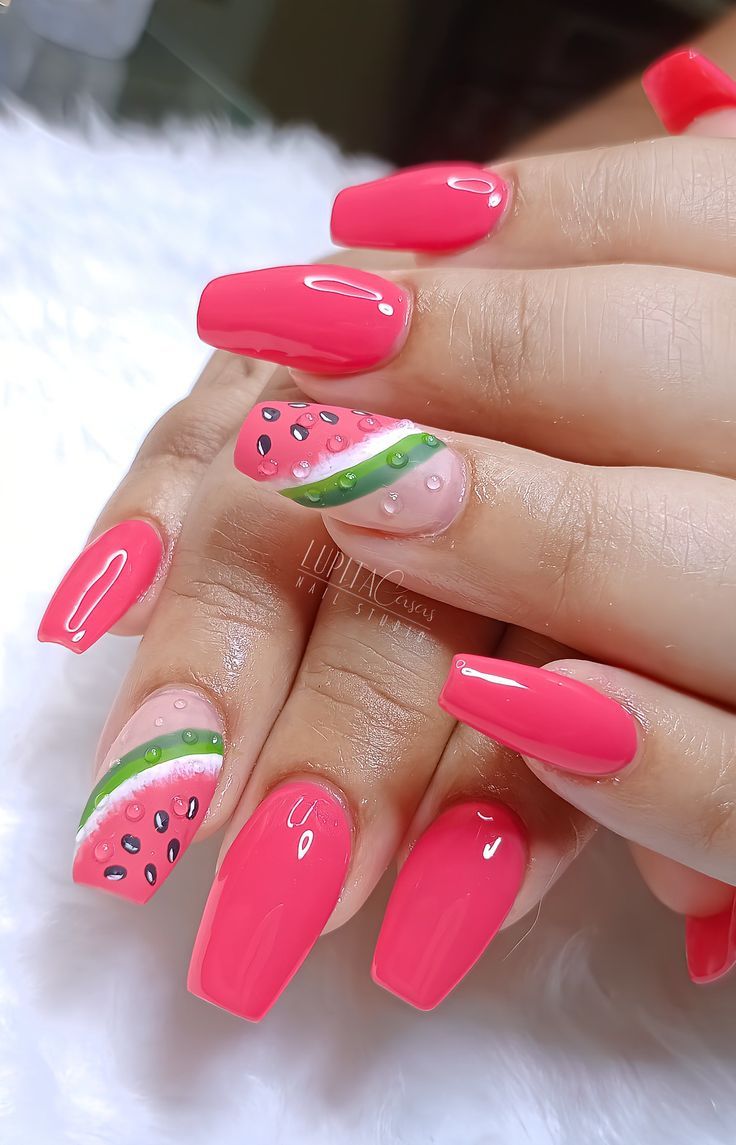 Fruits Nail Art Designs, Watermelon Design Nails, New Nail Designs 2024 Summer, Summer Watermelon Nails, Short Watermelon Nails, Pink Watermelon Nails, Watermelon Nails Acrylic, Fun Summer Nails Short, Nails With Watermelon