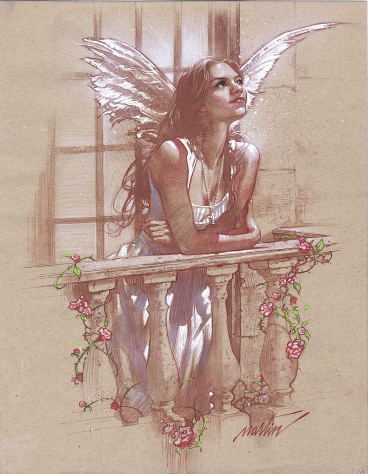 a drawing of a woman with wings sitting on a balcony railing looking out the window