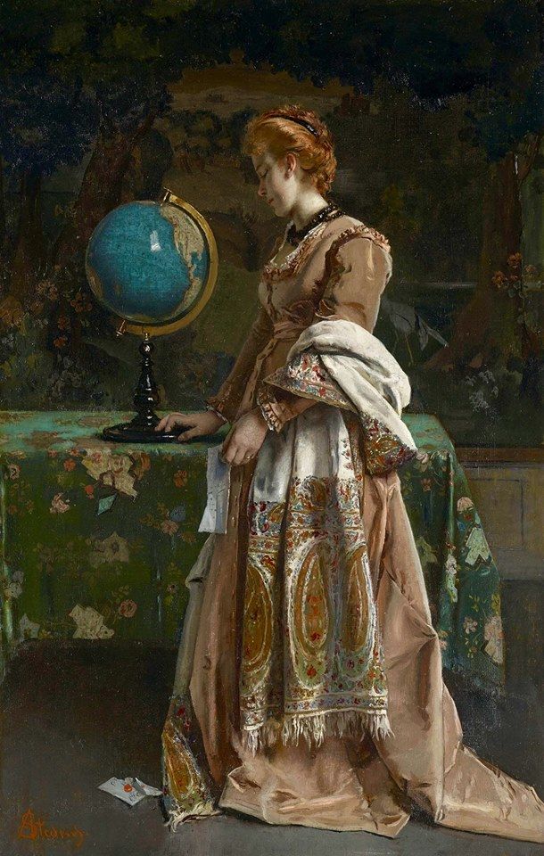 a painting of a woman standing in front of a table with a globe on it