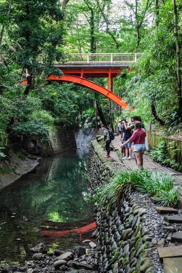 people walking on a bridge over a small river