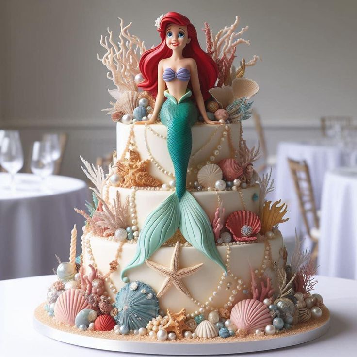 there is a cake with a little mermaid on the top and seashells around it