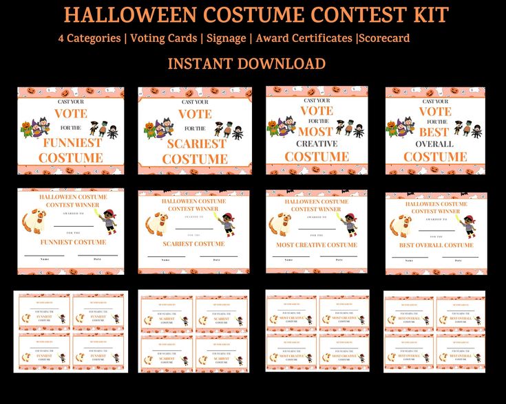 the halloween costume contest kit includes costumes, cards, and award certificates for everyone to use