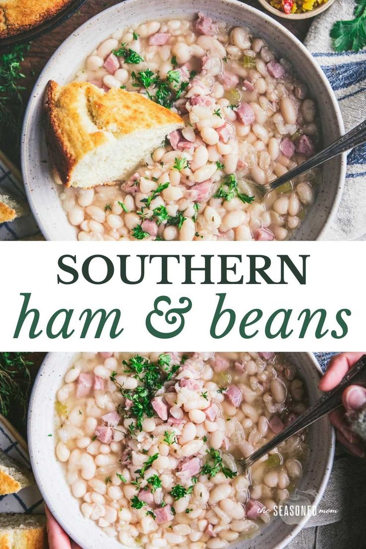 two bowls of southern ham and beans with bread on the side, in front of them