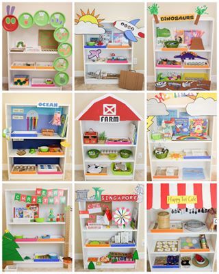 a collage of photos showing different shelves with toys in them and the words farm on each shelf