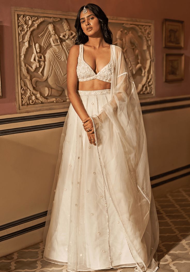 Off-White Silk Organza Embroidered Lehenga Set Zoon Tribe - Fabilicious Fashion White Organza Lehenga, Sequin Lehenga, White Lehenga, Organza Lehenga, Embroidered Lehenga, Indian Wedding Wear, Ready To Wear Saree, Embroidered Wedding, Organza Dupatta