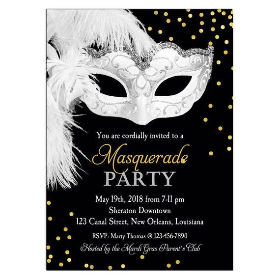 a masquerade party with black and gold confetti on the side, white feathers