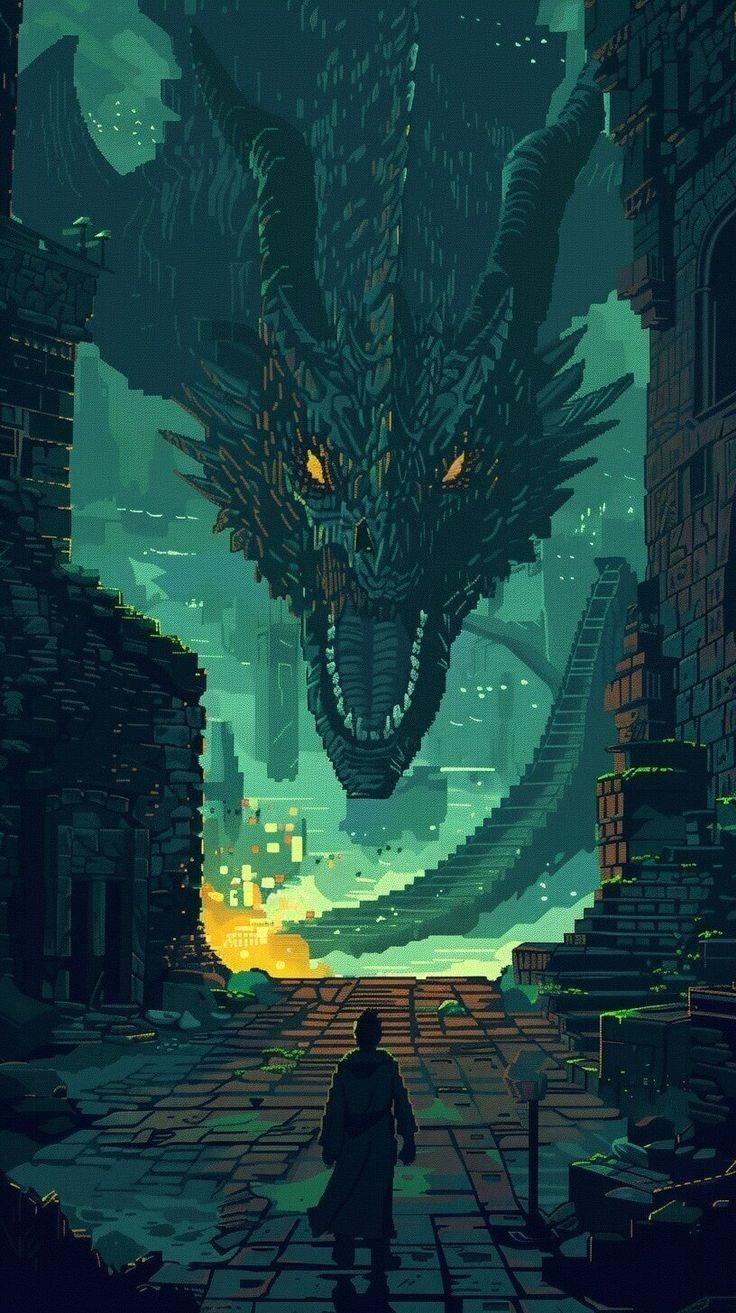 a man walking down a street next to a giant dragon