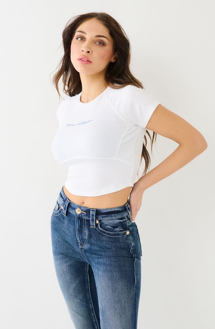 Top your high-waist styles with every color of this staple cropped T-shirt in soft organic cotton, and you'll be set for casual fun 24/7. 17" length (size Medium) Crewneck Short sleeves 63% polyester, 32% rayon, 5% spandex Machine wash, tumble dry Imported Everyday Stretch Short Sleeve Crop Top, Relaxed Fit Graphic Tee Crop Top With Crew Neck, Sporty Everyday Crop Top, Graphic Tee Crop Top With Crew Neck, Fitted Cropped T-shirt For Everyday, Spring Graphic Tee Crop Top In Relaxed Fit, Basic Short Sleeve Cropped Shirt For Spring, Fitted Cropped Shirt For Everyday, Everyday Fitted Cropped Shirt