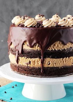 a chocolate cake with peanut butter and cookie dough on top is sitting on a plate