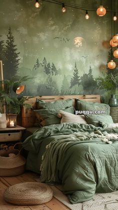 a bedroom with green bedding and lights hanging from the ceiling