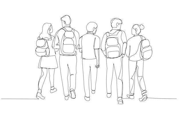 a line drawing of four people standing in front of each other with backpacks on their backs