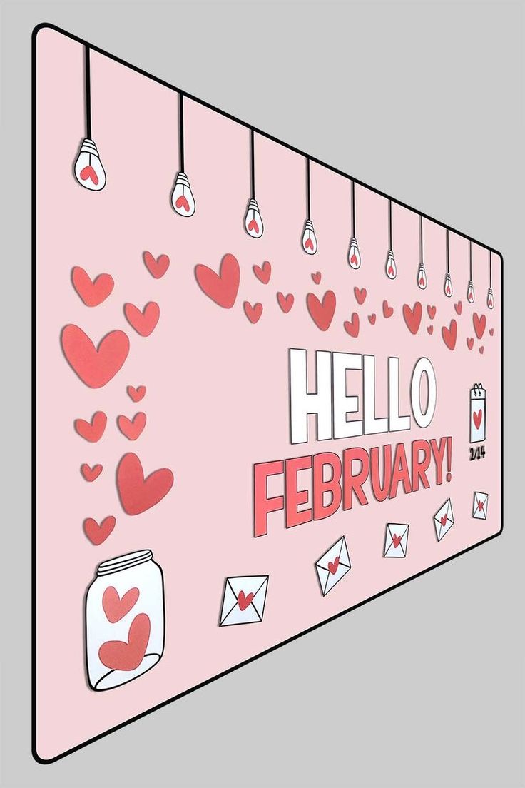 a pink sign with hearts hanging from it's sides and the words hello february written on it