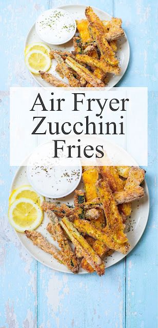 the cover of air fryer zucchini fries with lemon wedges and parmesan cheese