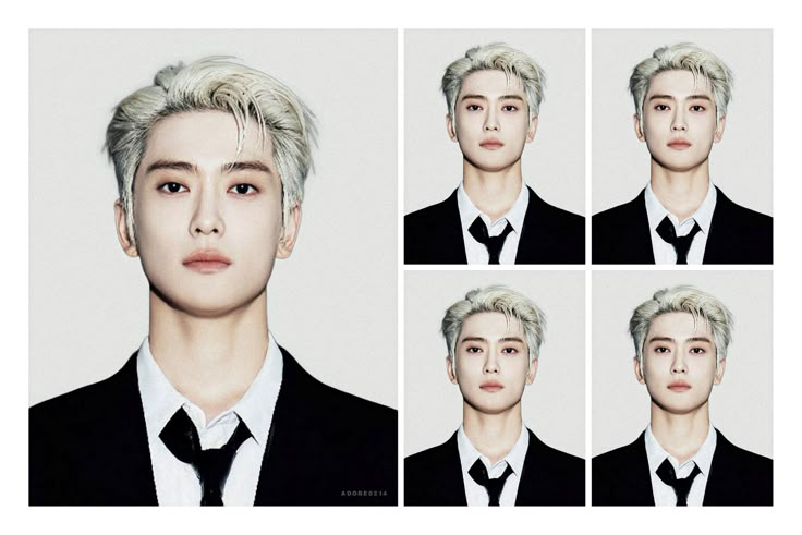 four different shots of a young man in a suit and tie, with multiple angles to show the same person's face