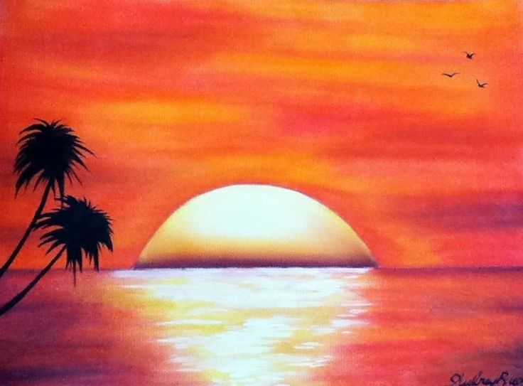 the sun is setting over the ocean with two palm trees in front of an orange sky