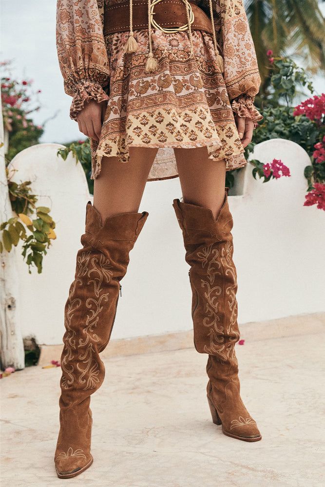 Cabana Thigh High Boot – SPELL - USA Fitted Western Suede Knee-high Boots, Bohemian Knee-high Leather Boots, Fitted Boots For Fall Festival, Fall Festival Leather Heeled Boots, Western Knee-high Boots With Suede Lining For Fall, Bohemian Leather Heeled Boots For Fall, Fall Bohemian Leather Heeled Boots, Bohemian Knee-high Boots For Fall, Knee-high Suede Boots With Stacked Heel