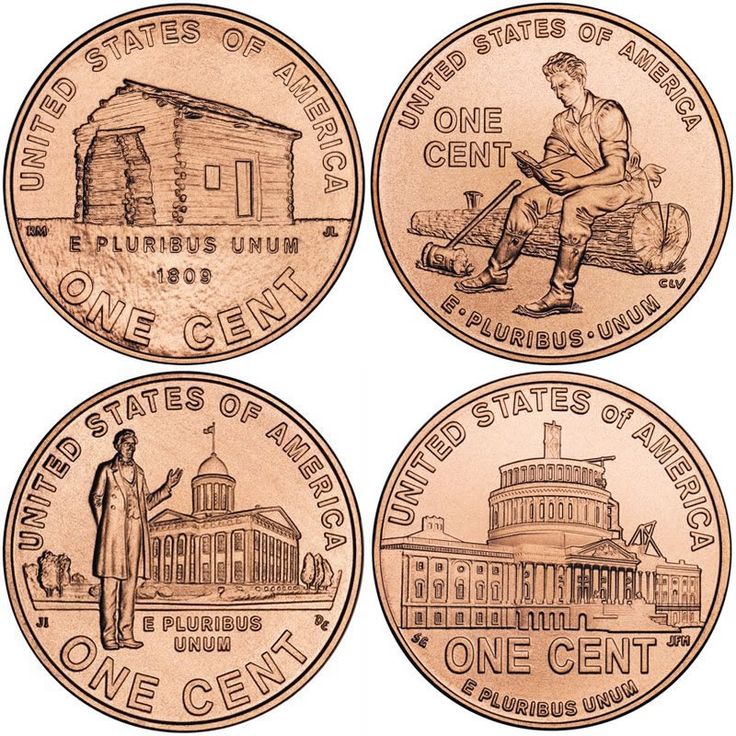 three different states of the united states on one cent coin, each with an image of a man sitting on a bench