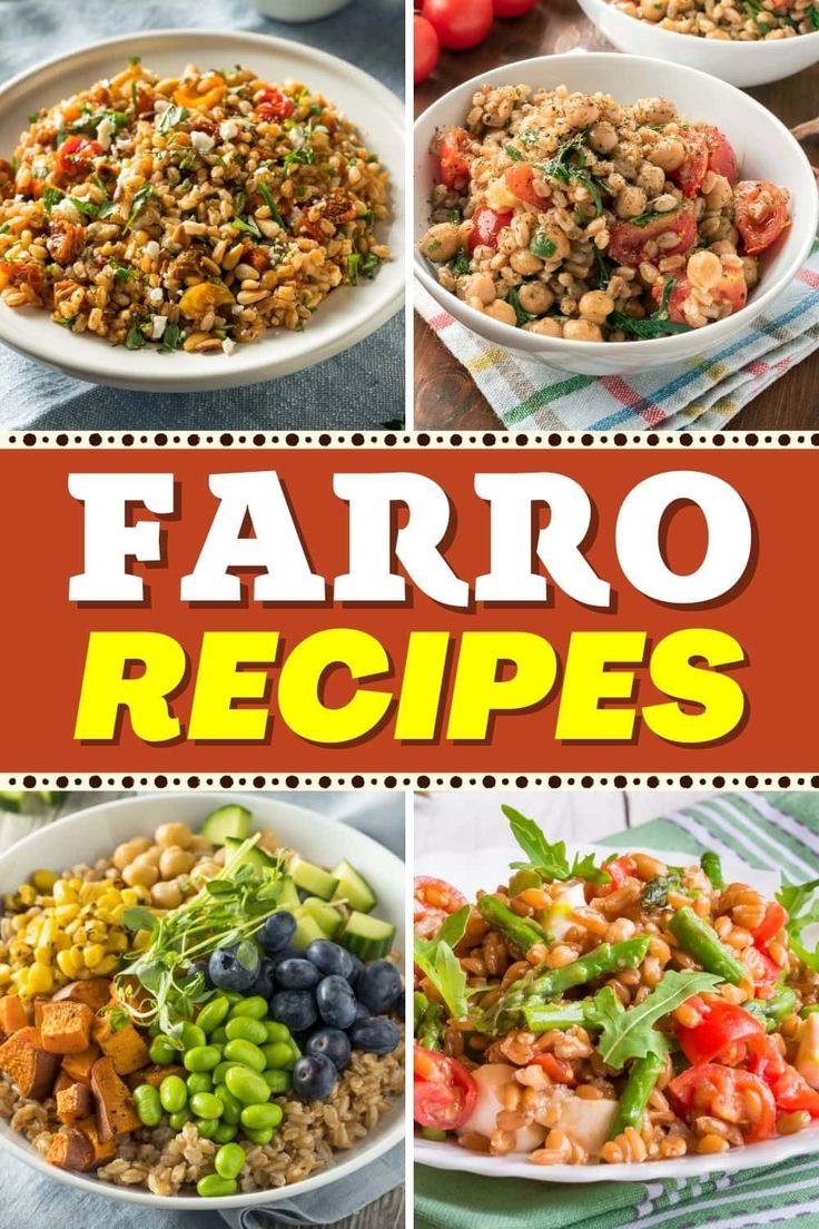 the cover of faro recipes, with pictures of different foods in bowls and on plates