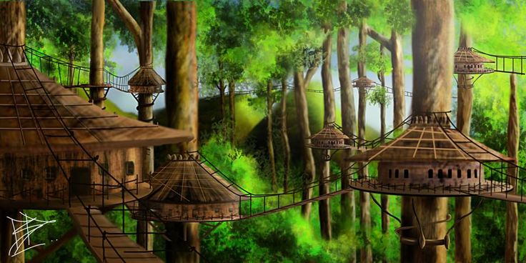 an artist's rendering of a tree house in the middle of a green forest