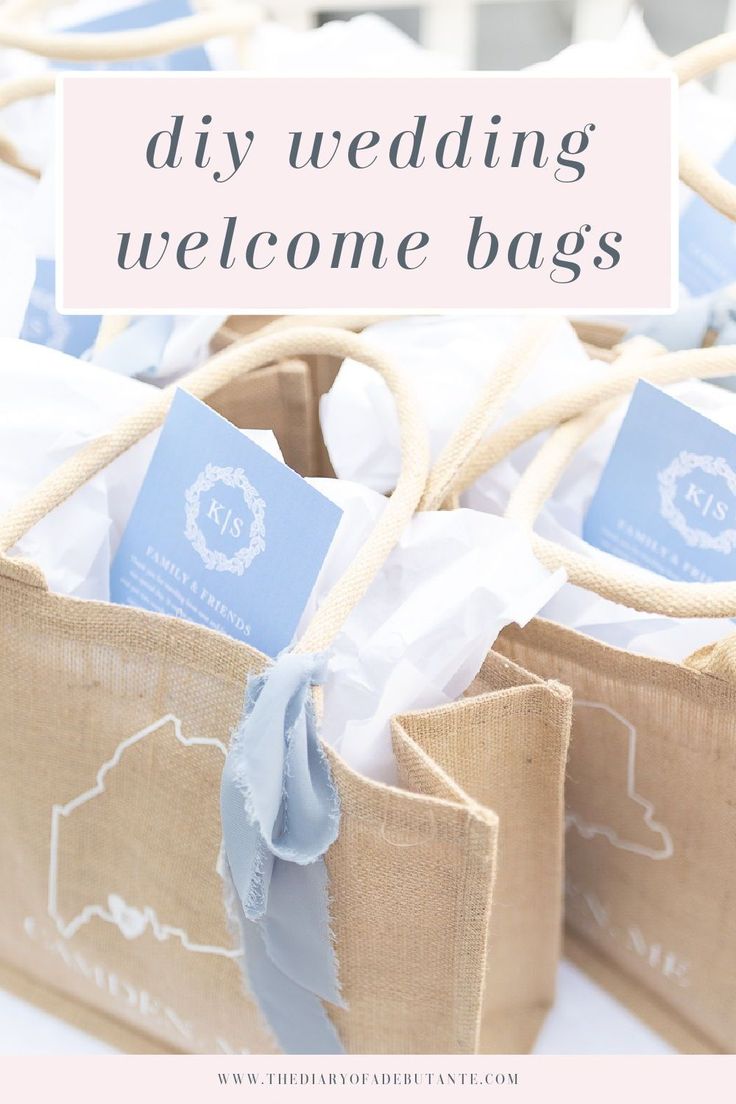 some bags with tags on them and the words diy wedding welcome bags written in white