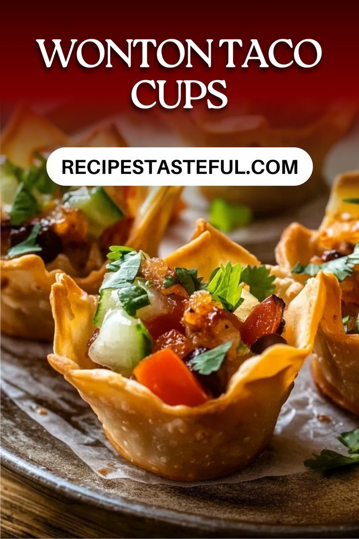 wonton taco cups on a plate with text overlay