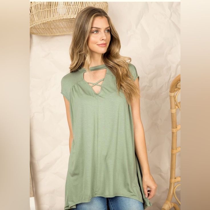 Never Worn Bnwot Tunic Top Light Olive Green Has A Choker That’s Part Of The Top The Tunic Has A Crisscross At The Bottom Of The Lower Chest Area Then Has A Built In Choker. It’s Very Flattering And Unique. It Can Be Worn Without Jewelry Because Of The Way The Tunic Top Was Made. The Material Is Lyrca & Viscose Quality Is Amazing Flattering, Flirty, Fabulous! Size Large No Flaw’s 0 Pets! Chic Crisscross Tops For Spring, Spring Chic Crisscross Tops, Trendy Spring Crisscross Tops, Crisscross Top For Day Out In Spring, Versatile Crisscross Tops For Spring, Versatile Spring Crisscross Tops, Spring Versatile Crisscross Tops, Chevron Blouse, White Tunic Tops