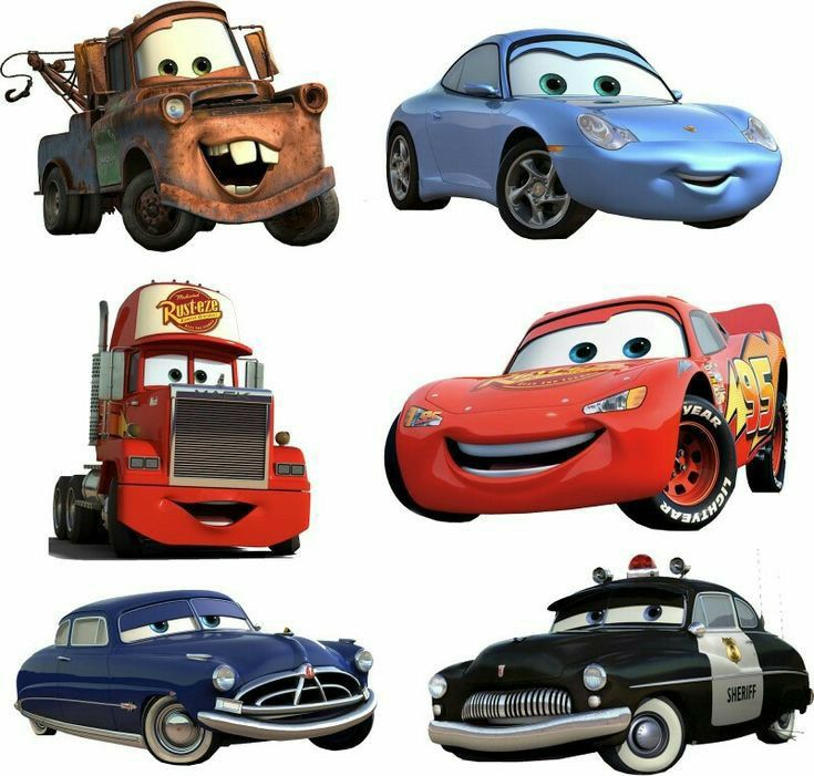 four different cars are shown together in this image, each with their own character's face