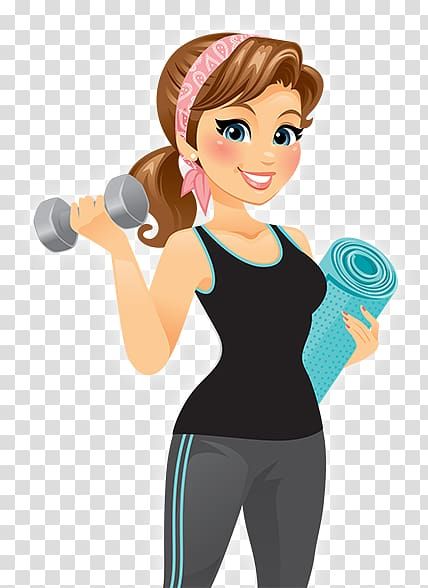 a woman holding a towel and dumbbells, cartoon character png clipart