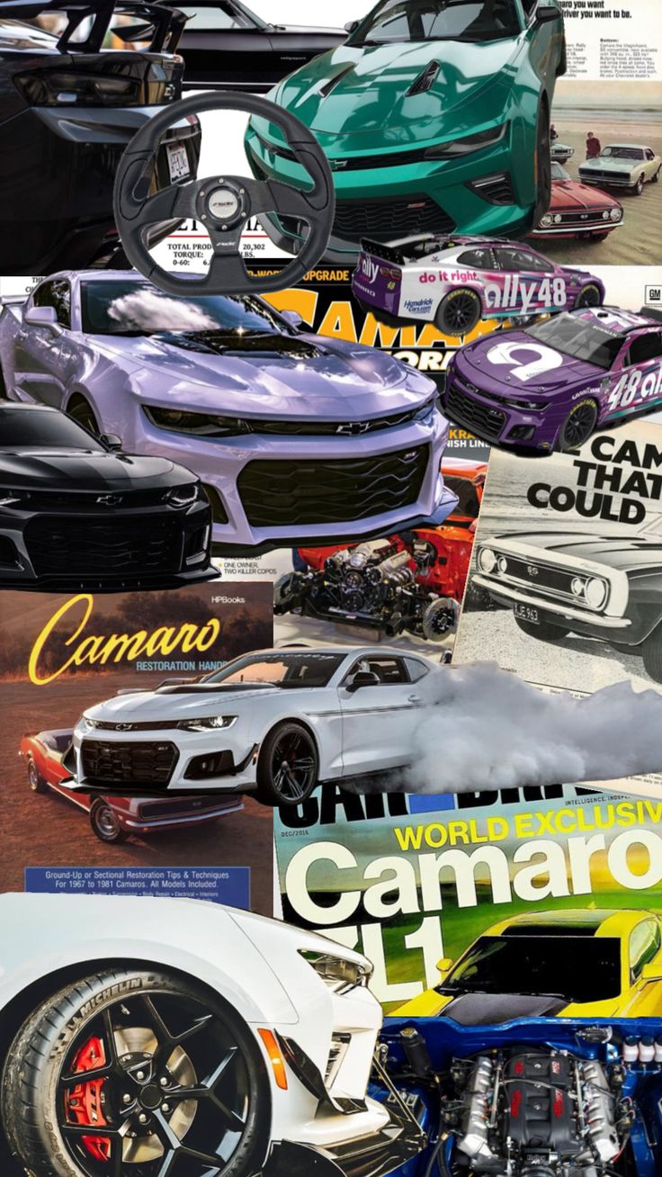 there are many different cars in this collage with the words camaro on them