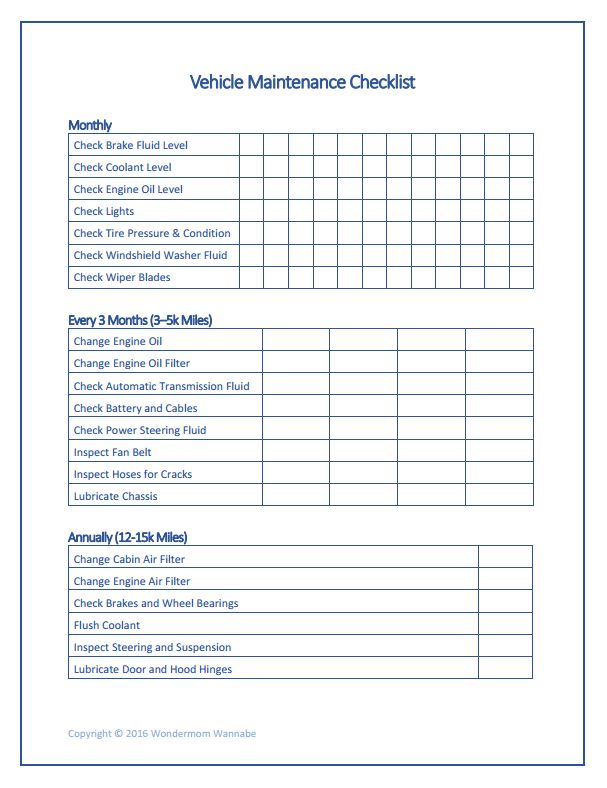 the vehicle maintenance checklist is shown in this file, it shows that there are many items