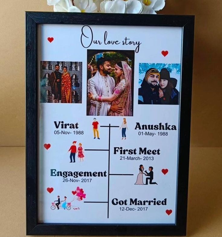 a wedding photo frame with the names and dates on it, next to a bouquet of flowers