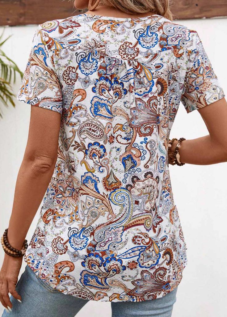 Bohemian Button-up Top With Graphic Print, Multicolor Cotton Top With Buttons, Multicolor Cotton Tops With Buttons, Casual Multicolor Paisley Print Tops, Casual Tops With Multicolor Mixed Print, Casual Short Sleeve Tops With Mixed Print, Bohemian Multicolor Tops With Button Closure, Casual Multicolor Mixed Print Tops, Blue Casual Tops With Mixed Print