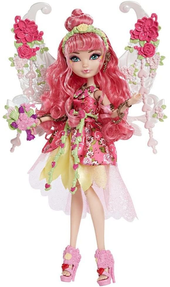 a doll with pink hair and flowers on her body