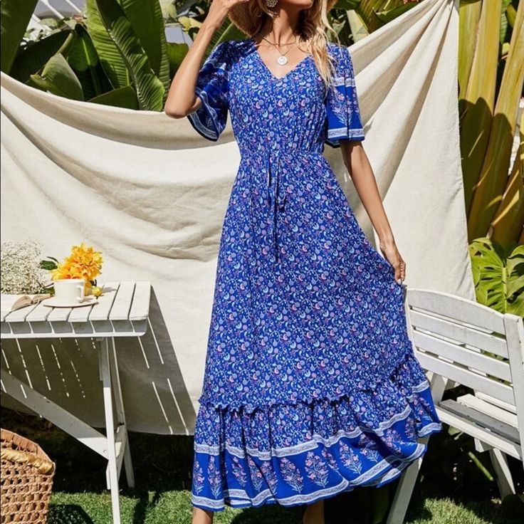 Women Dress Blue Bohemian Knee-length Dress, Royal Blue V-neck Spring Dress, Blue Floral Print Midi Dress, Royal Blue Knee-length Dress For Spring, Royal Blue Fitted Maxi Dress For Spring, Spring Bohemian Royal Blue Dress, Royal Blue Short Sleeve Beach Dress, Blue Knee-length Spring Dress, Blue Midi Dress For Spring Garden Party