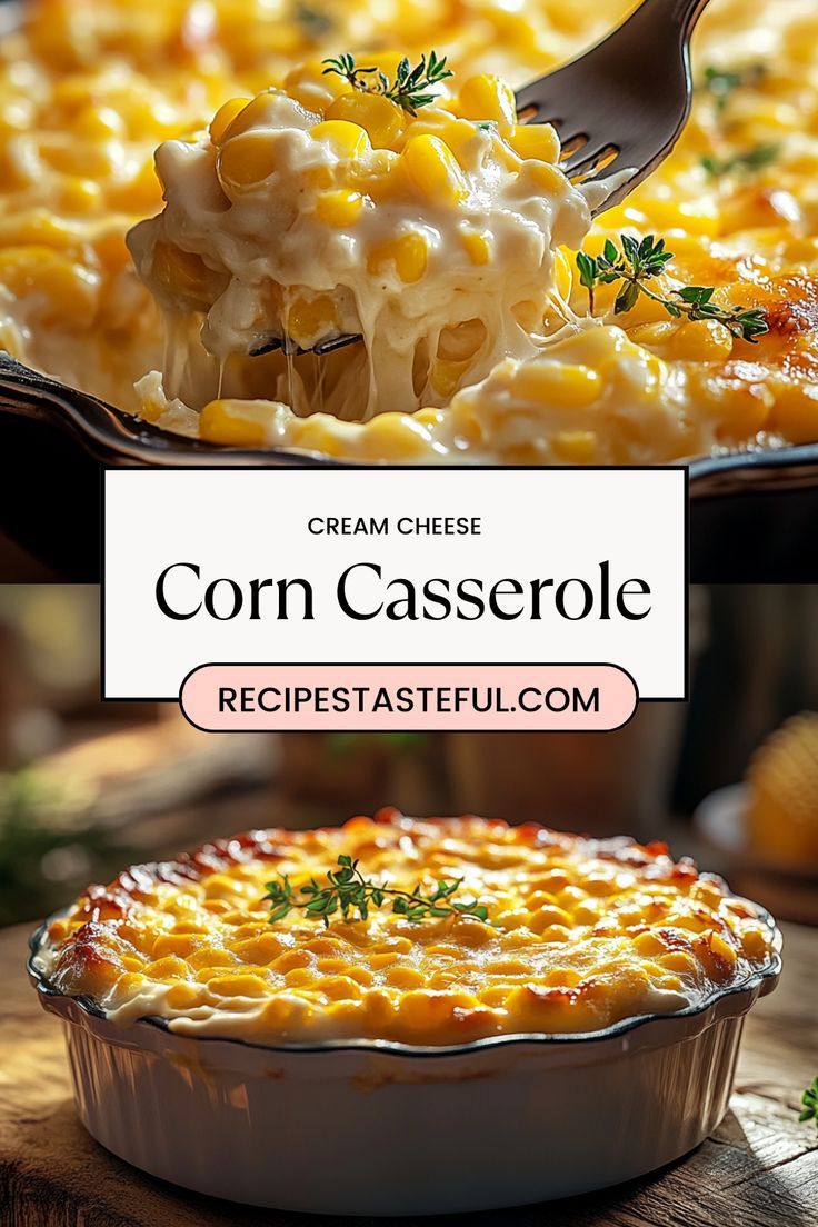 corn casserole recipe with text overlay