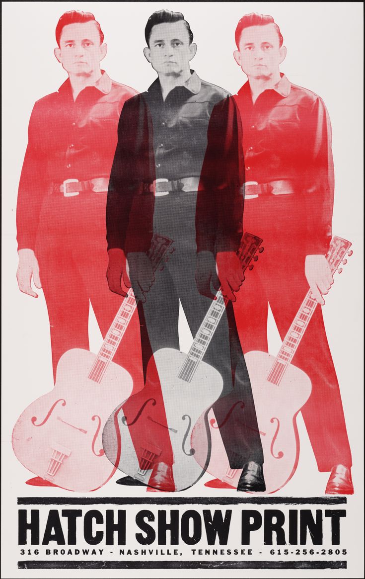 a poster with two men standing next to each other, one holding an electric guitar