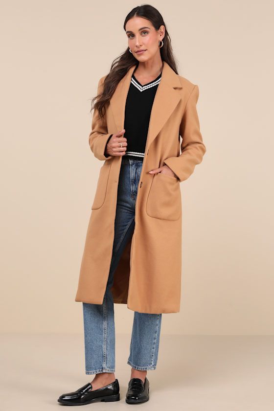 The Lulus Style Squad Tan Long Coat is here to protect your outfit from the elements while you and your besties hit the town! Thick, woven wool-like felt forms this chic, structured coat with a collared neckline, wide lapels, long sleeves, and long, two button bodice with front patch pockets. Fit: This garment fits true to size. Length: Knee Length. Size medium measures 44" from shoulder to hem. Bust: Great for any cup size. Waist: Not Fitted - comfortable room throughout midsection. Hip: Not Fitted - room for hips. Fabric: Fabric has no stretch. Fully lined. Shell: 70% Polyester, 30% Wool. Lining: 100% Polyester. Hand Wash Cold. Do Not Bleach. Line Dry. Iron Low Heat. Imported. Lulus | Style Squad Tan Long Coat | Size Medium | 100% Polyester. Wool Outerwear With Lapel Collar In Solid Color, Chic Long Outerwear With Double Button Closure, Wool Coat For Work, Wool Outerwear For Work In Solid Color, Solid Long Wool Coat For Work, Solid Wool Long Coat For Work, Chic Wool Coat For Business Casual, Long Wool Coat For Workwear, Fall Season, Chic Long Wool Coat With Hidden Buttons