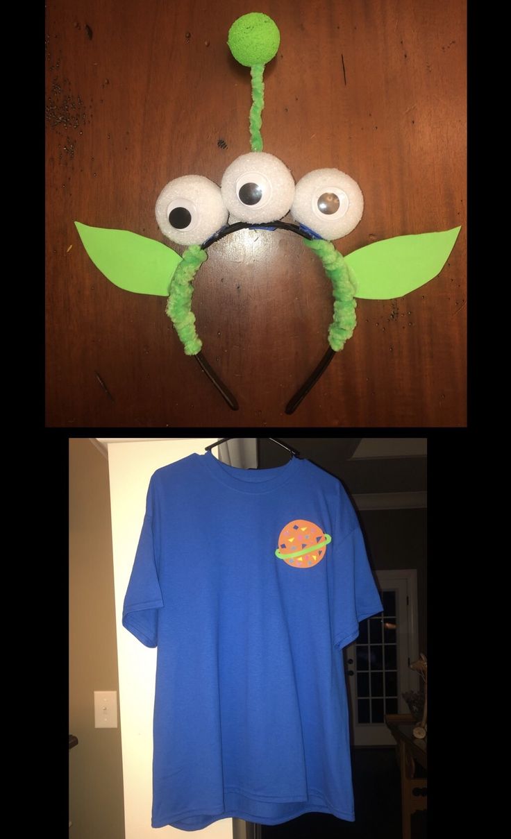 two pictures of the same shirt with googly eyes on it, one in blue and one in green