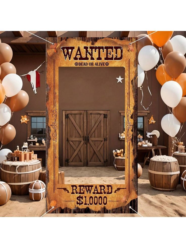 an old fashioned wanted reward sign in front of balloons and barrels for $ 1, 000