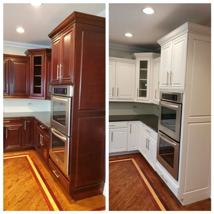 two pictures of a kitchen with white cabinets and wood floors