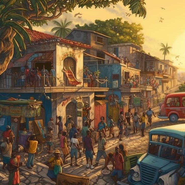 Haitian streets Haitian Revolution Art, Haiti Culture Aesthetic, Barbados Culture, Haitian Art Paintings, Haitian Paintings, Haiti Art, Haitian Culture Aesthetic, Art Culture, Haitian Architecture