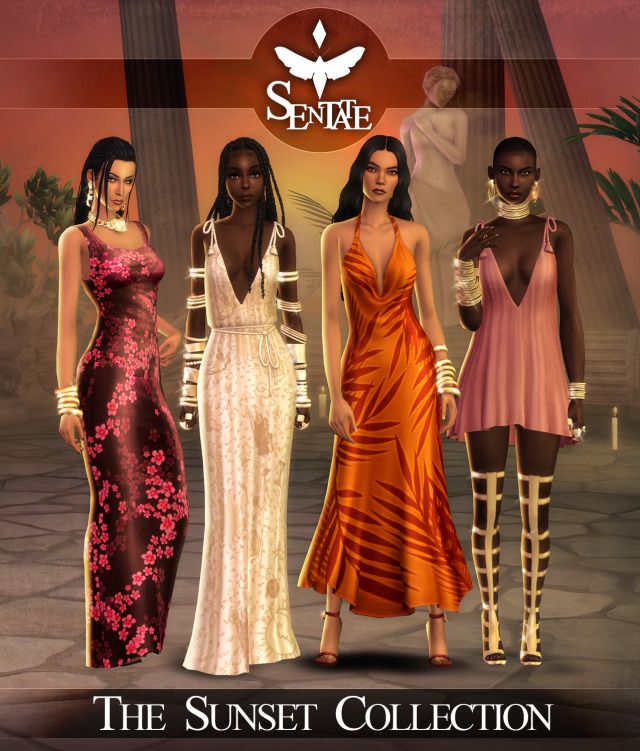 the sunset collection for females is shown in three different colors and sizes, with palm trees behind them