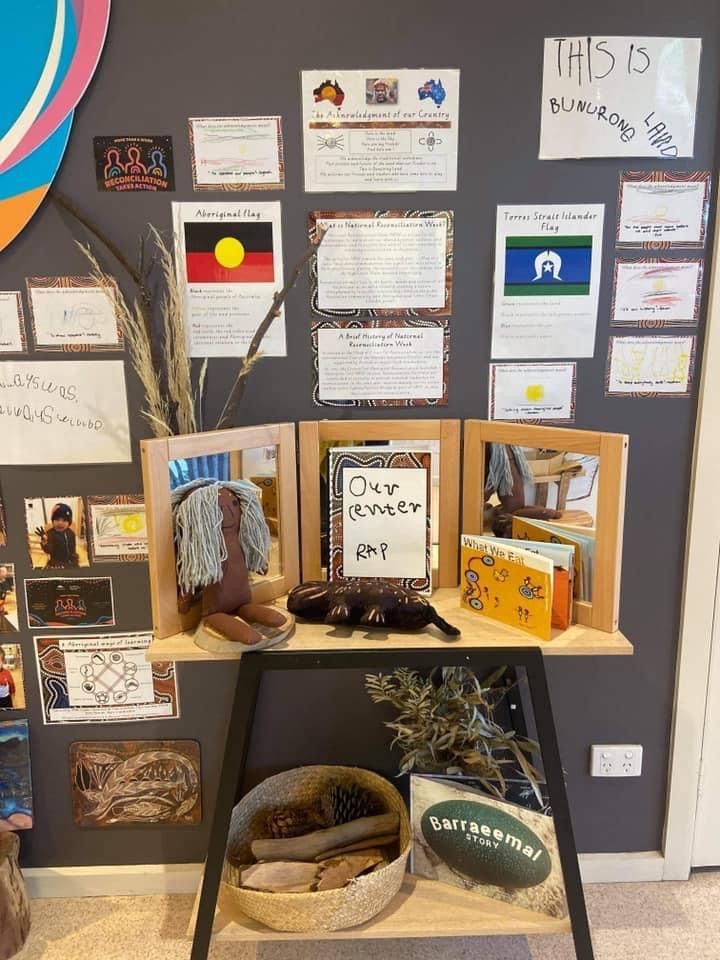 a table with several items on it in front of a bulletin board