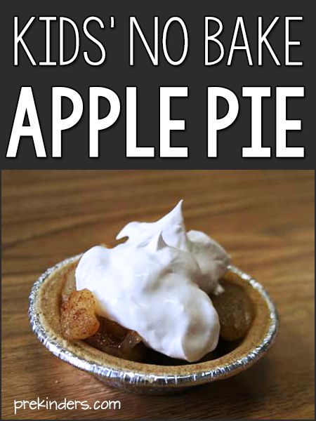 an apple pie with whipped cream on top in a tinfoil pan and text overlay reads kids'no bake apple pie