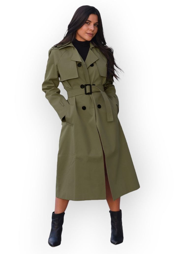 Crescentt's Elegant Long Trench Coat in Army Green Elevate your outerwear with our elegant, long trench coat in army green. Perfect for the sophisticated woman, this trench coat combines functionality with a touch of timeless class. Windproof & Water-Repellent: Stay dry and protected in unpredictable weather with this coat’s superior windproof and water-repellent properties. Long Length: The extended length not only adds a touch of sophistication but also offers additional protection against the Green Belted Long Coat, Khaki Outerwear For Rainy Spring Weather, Elegant Khaki Outerwear With Belted Cuffs, Chic Long Green Outerwear, Green Outerwear With Belted Cuffs And Long Sleeves, Green Long Outerwear For Workwear, Green Long Outerwear For Work, Green Long Sleeve Outerwear With Belted Cuffs, Chic Raincoat For Workwear