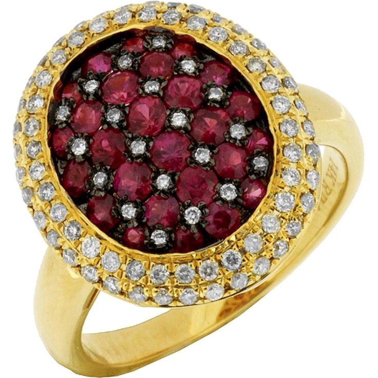 Royal Enchanted Love 14K Yellow Gold Ruby & Diamond Ring Luxury Ruby Cluster Ring With Diamonds, Luxury Cluster Ruby Ring With Diamonds, Luxury Oval Ruby Ring With Pave Setting, Luxury Ruby Diamond Ring With Rose Cut Diamonds, Luxury Ruby And Diamond Ring In Yellow Gold, Luxury Ruby Ring With Diamond In Yellow Gold, Luxury Ruby Ring With Diamond Accents And Round Shape, Ruby Rings With Pave Setting, Luxury Round Ruby Ring With Diamond Accents